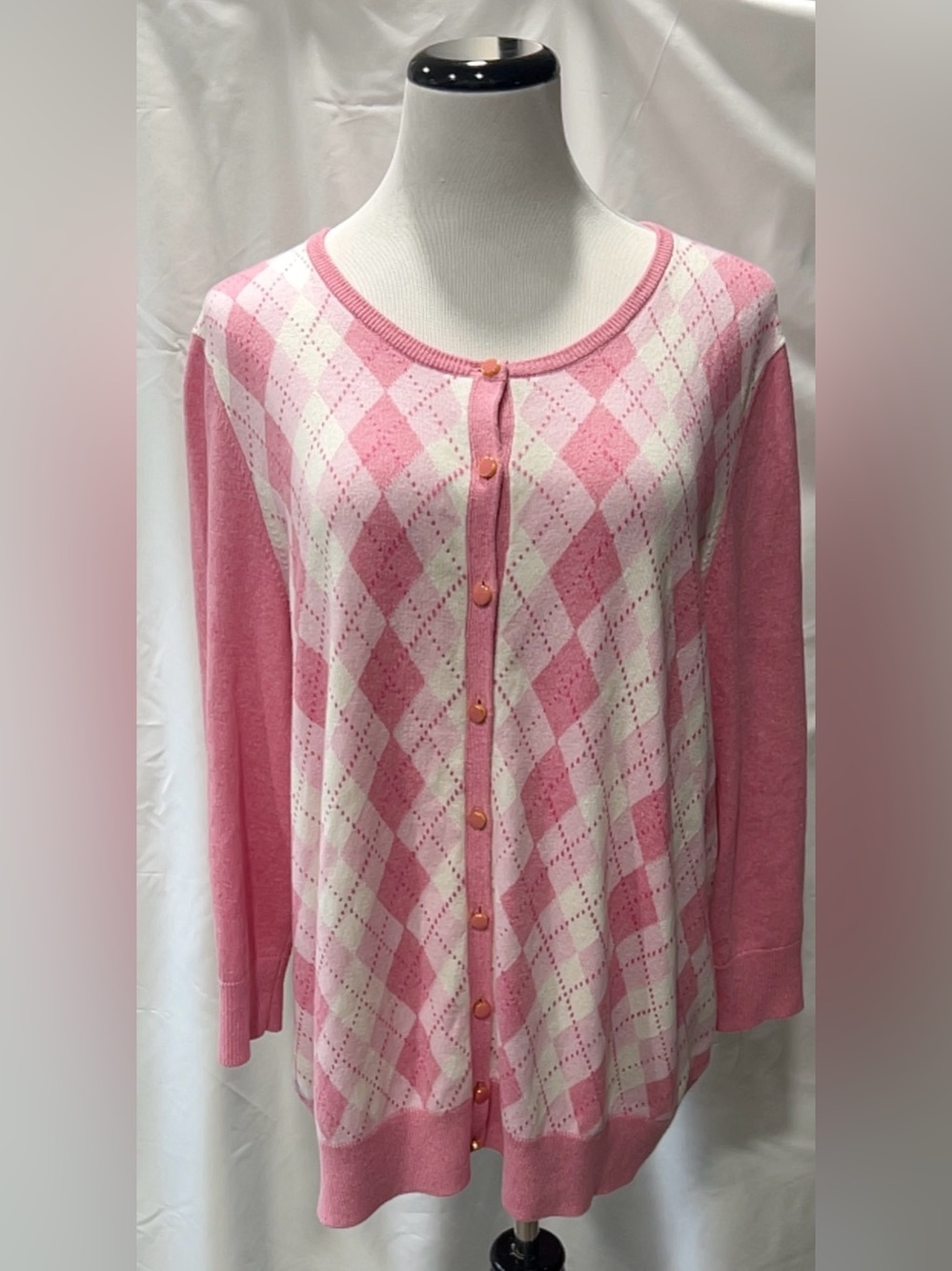 Talbots Pink White Argyle Diamond Sequin Cardigan Women No Size Tag Approx 1X